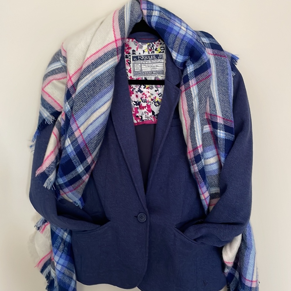 Joules jacket/blazer, Smokey blue herringbone pattern with matching large scarf.
